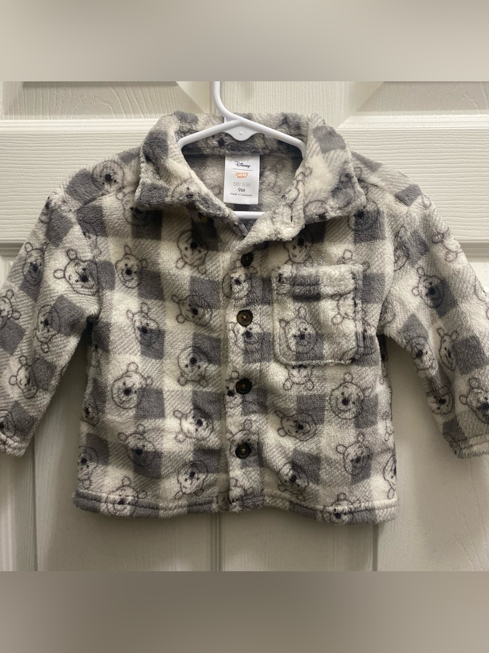 Disney Baby boy-Gray Plaid Fleece button up with Bear Print size 9M